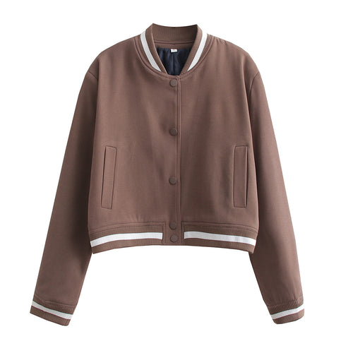 Damen Kurz geschnittene Collegejacke mit Rippbündchen und Druckknöpfen – Célinea