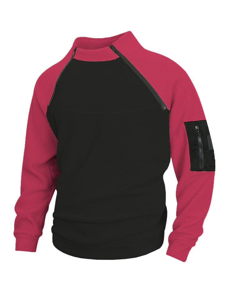 Herren technischer Fleece-Halbzip-Pullover mit asymmetrischen Schulterreißverschlüssen und Reißverschluss-Ärmeltasche – Marzano