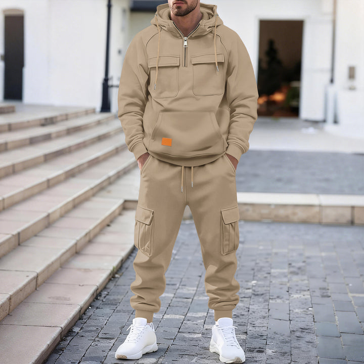 Herren technischer Oversize-Hoodie mit Halbzip, Kapuze, Kängurutasche und aufgesetzten Utility-Taschen – Cavarno