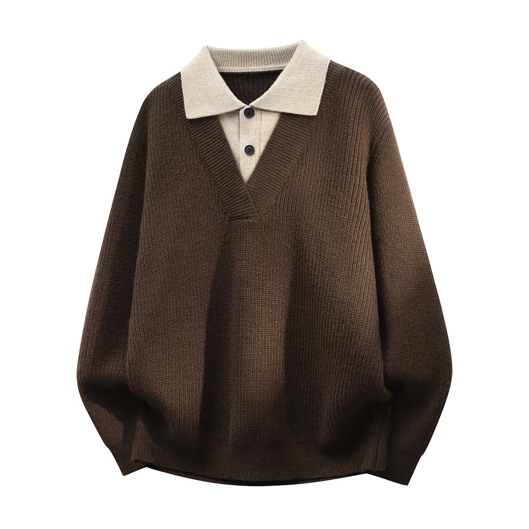 Herren Grobstrick-Pullover mit tiefem V-Ausschnitt und kontrastierendem Polokragen Echoarchiv