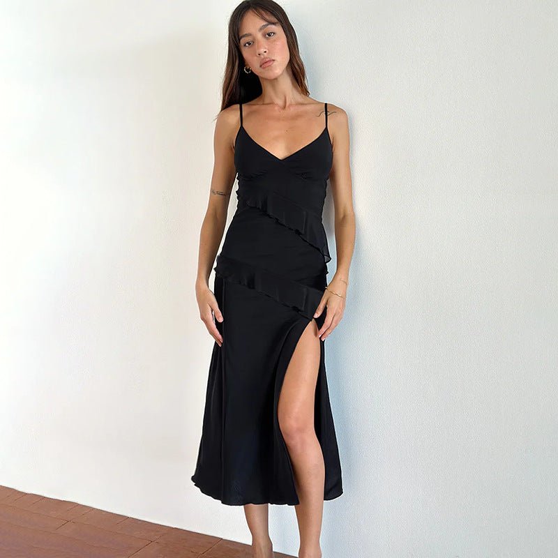 Damen elegantes Wickelkleid mit Rüschen und hohem Schlitz Echo Archiv