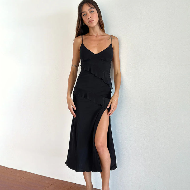 Damen elegantes Wickelkleid mit Rüschen und hohem Schlitz Echo Archiv