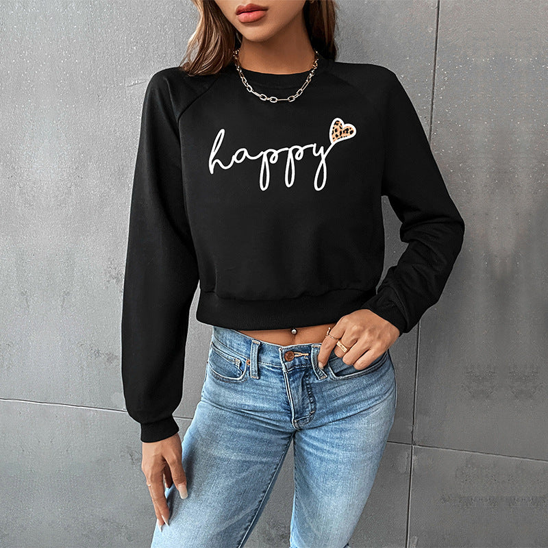 Damen Cropped-Sweatshirt mit Script-Print, Herz-Applikation und Raglanärmeln Echoarchiv