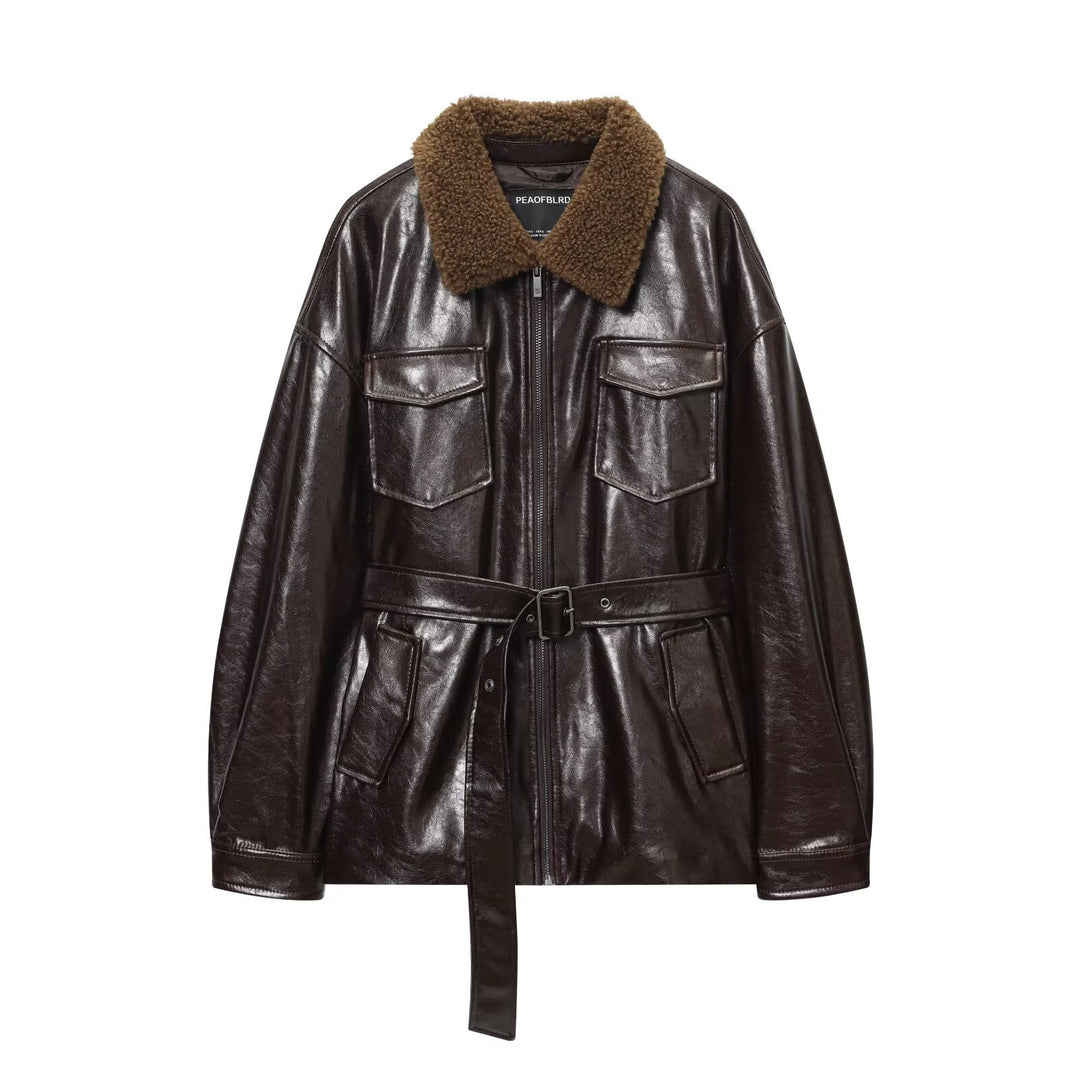 Damen Oversized Lederimitat-Jacke mit Teddykragen und Taillengürtel Echoarchiv
