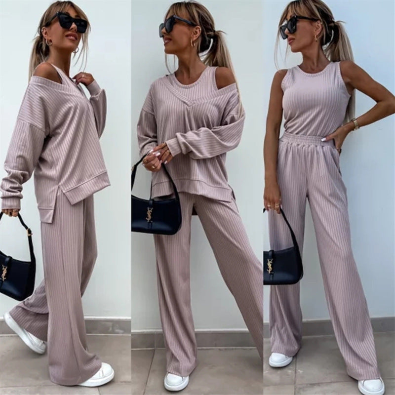 Damen nan elegantes Rippstrick-Zweiteiler Lounge-Set mit einseitigem Schulterfreischnitt und weitem Palazzo-Hosenbein Echo Archiv