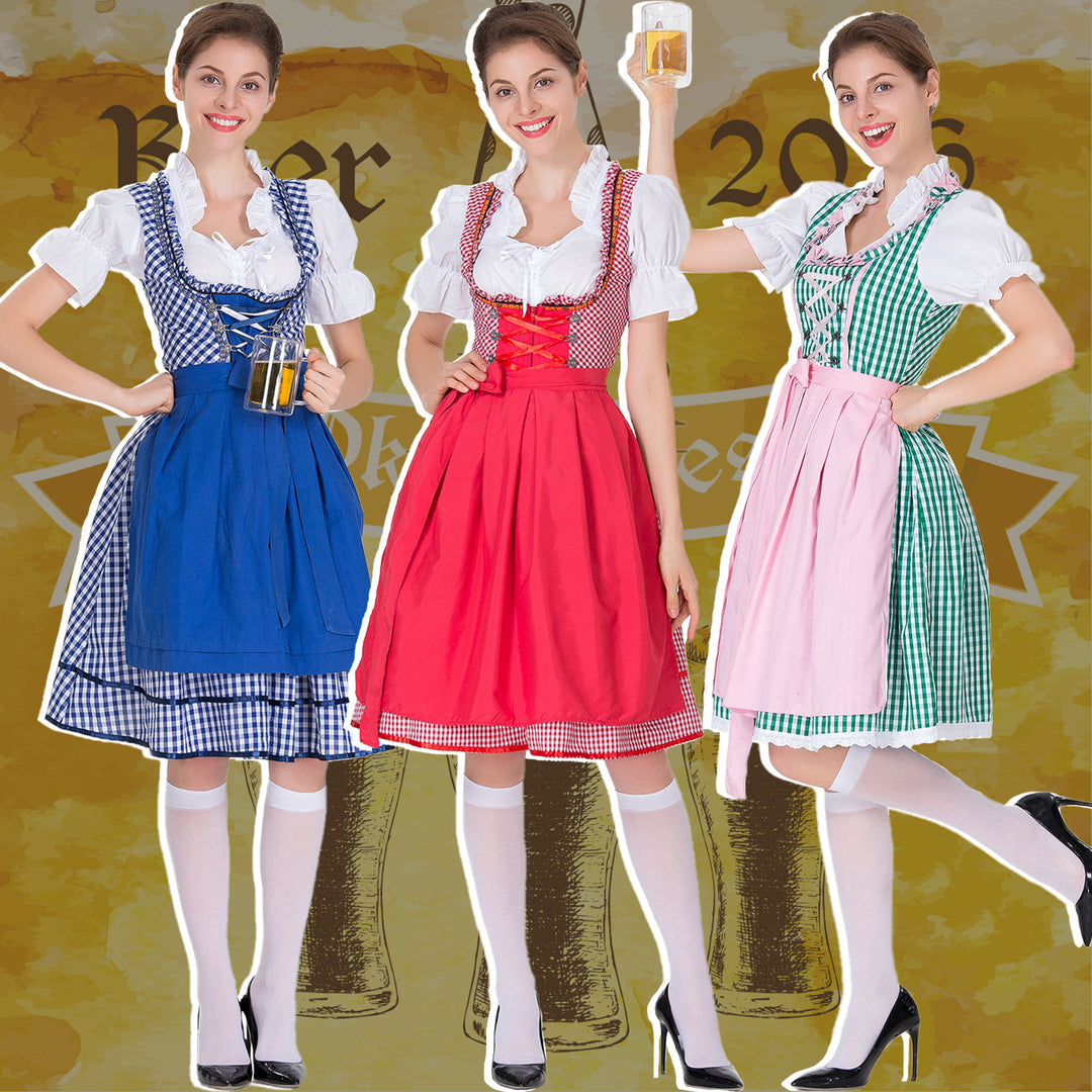 Damen nan karierter Dirndlkleid mit geraffter Schürze und geschnürter Miederfront Echo Archiv