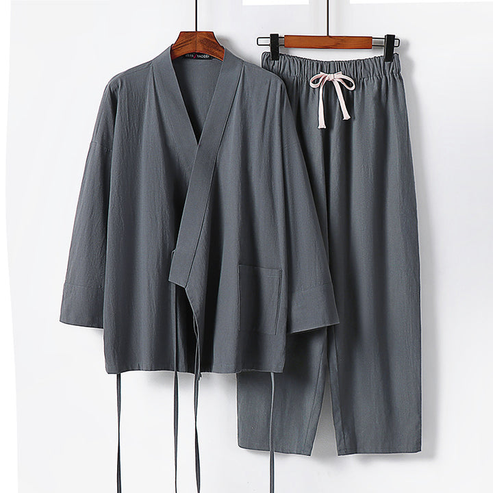 Unisex Leichtes Kimono-Lounge-Set aus weichfallendem Baumwoll-Mix mit Tunnelzughose Echoarchiv