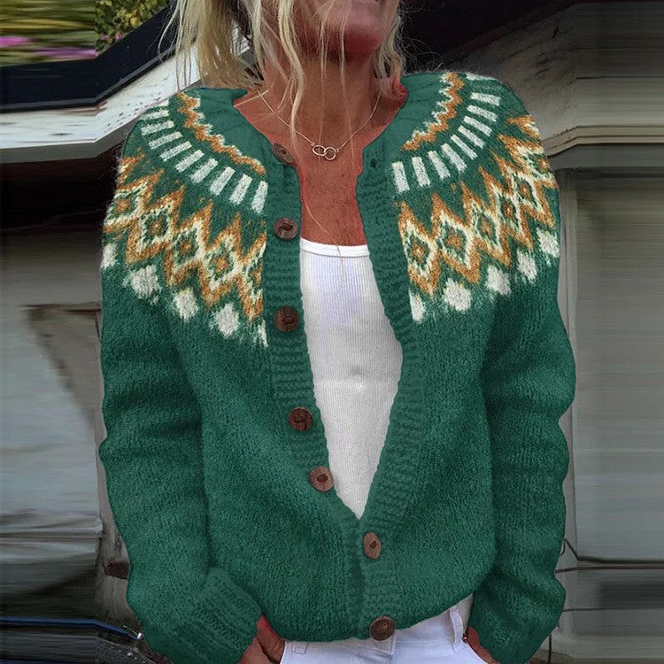 Damen nan gemusterte Strickjacke mit Rundpasse, Holzknöpfen und Eingrifftaschen Echo Archiv