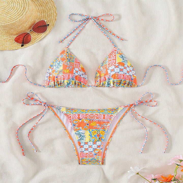 Damen Triangel-Bikini mit verspieltem floralen Design und verstellbaren Schnüren Echo Archiv