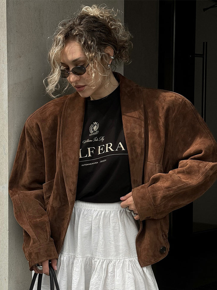 Damen Kurze Veloursleder‑Boxyjacke mit kimonoähnlichem Revers Echoarchiv