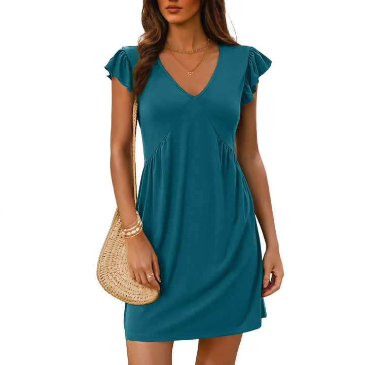 Damen Leichtes V‑Ausschnitt Sommerkleid mit Volantärmeln und Taillenabnähern – Lunéa