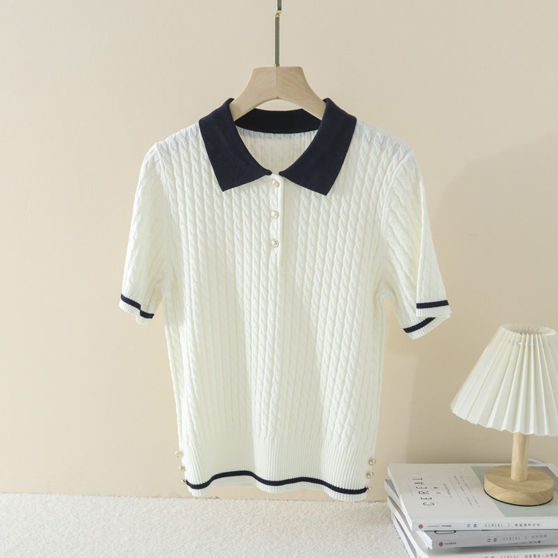 Damen Kurzarm Strickpoloshirt mit Zopfmuster und Kontrastkragen Echo Archiv
