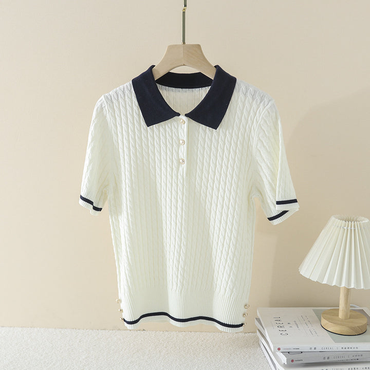 Damen Kurzarm Strickpoloshirt mit Zopfmuster und Kontrastkragen Echo Archiv