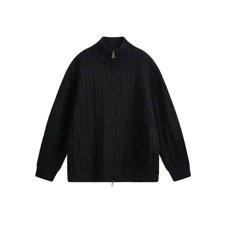 Unisex Grobstrick-Pullover mit Zopfmuster, hohem Stehkragen und Zwei-Wege-Reißverschluss Echoarchiv