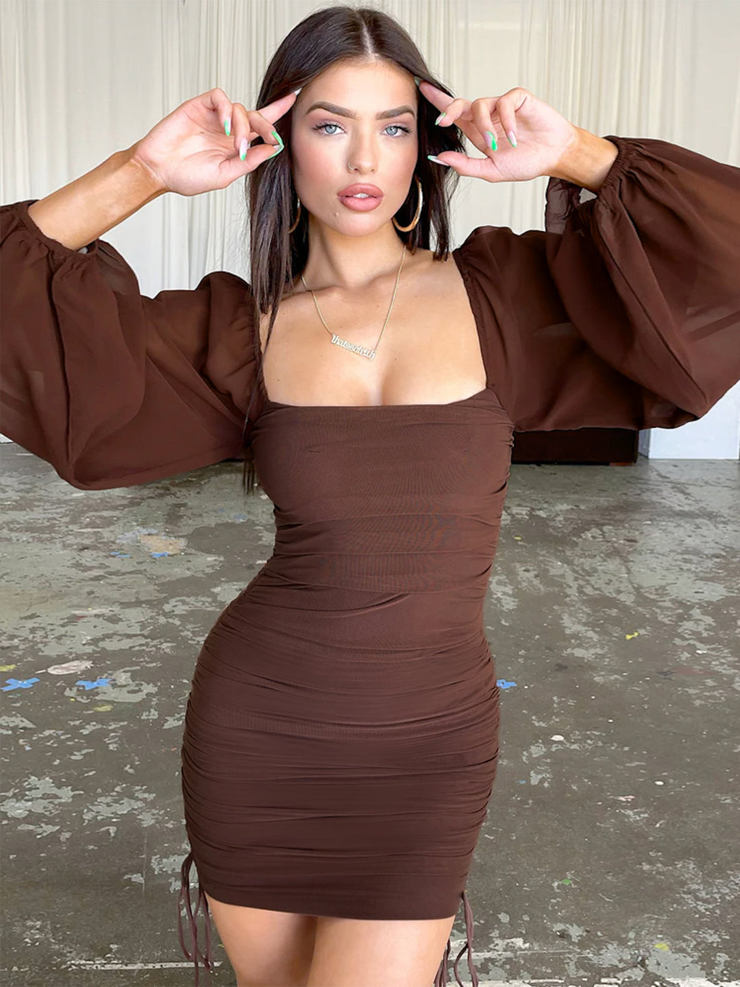 Damen Figurbetontes Minikleid mit puffärmel und seitlicher Raffung Echo Archiv