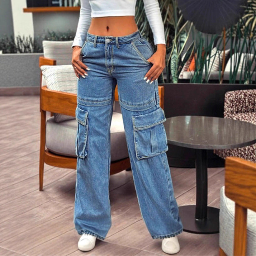 Damen tiefsitzende Wide‑Leg Cargo-Jeans mit XXL-Klappentaschen Echo Archiv