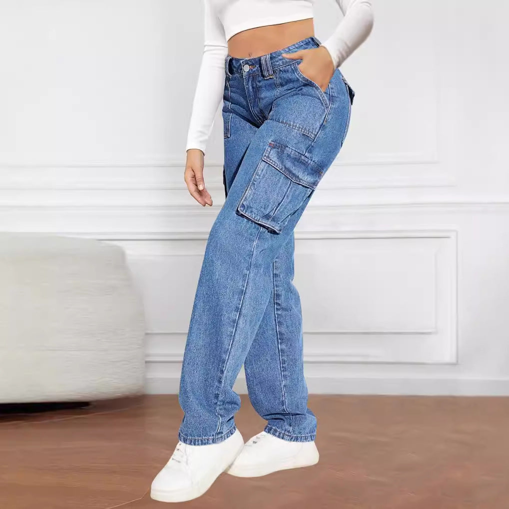 Damen Cargo-JEchoarchivns mit hoher Taille und praktischen Taschen Echoarchiv