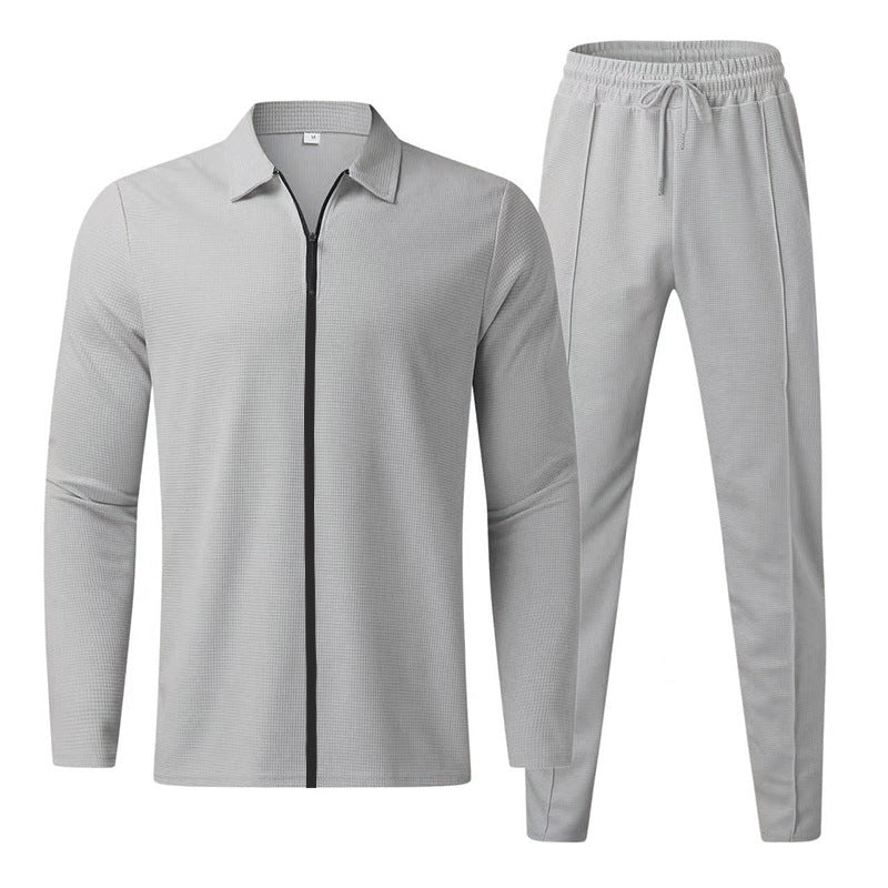 Herren Strukturiertes Waffel-Loungewear-Set mit Kragen-Halbzip & Kordelzughose – Cavarno
