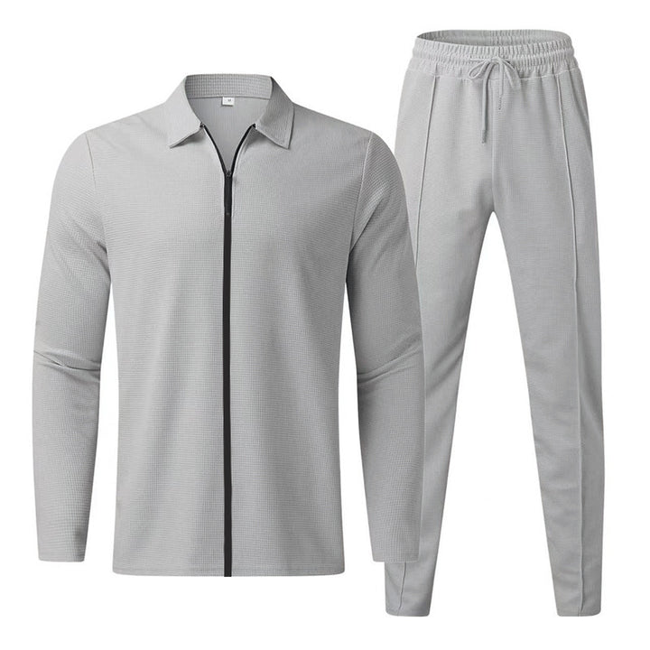 Herren Strukturiertes Waffel-Loungewear-Set mit Kragen-Halbzip & Kordelzughose – Cavarno