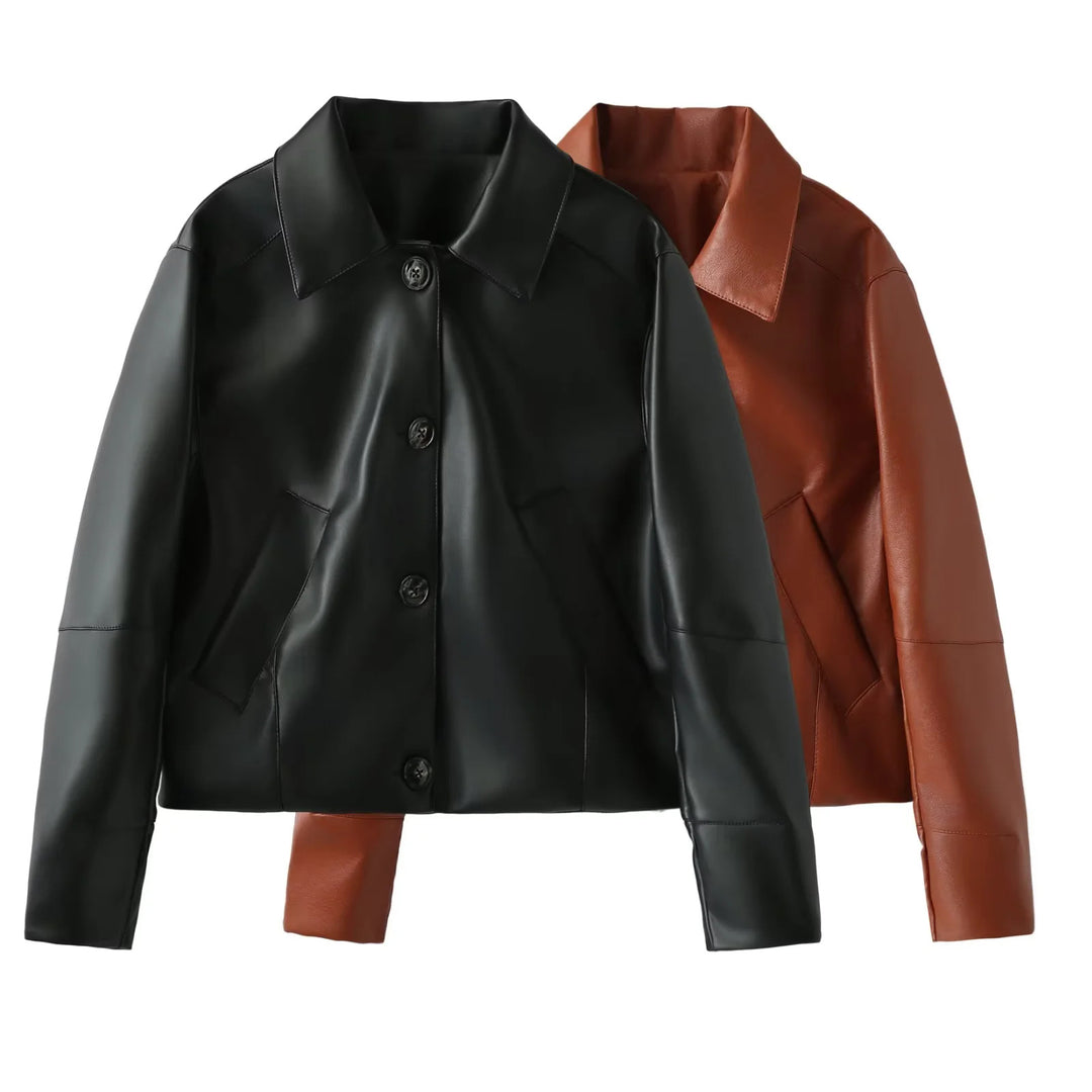 Damen nan taillierte Kunstlederjacke im Blousonstil mit Hemdkragen Echo Archiv