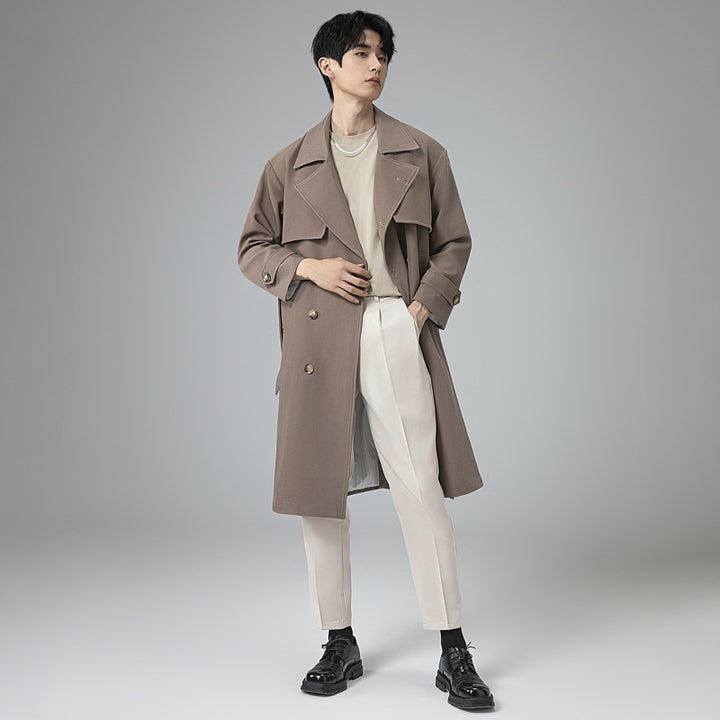 Herren Oversized Doppelreihiger Wollmix-Trenchcoat mit Schalkragen und Überschlagblende Echoarchiv