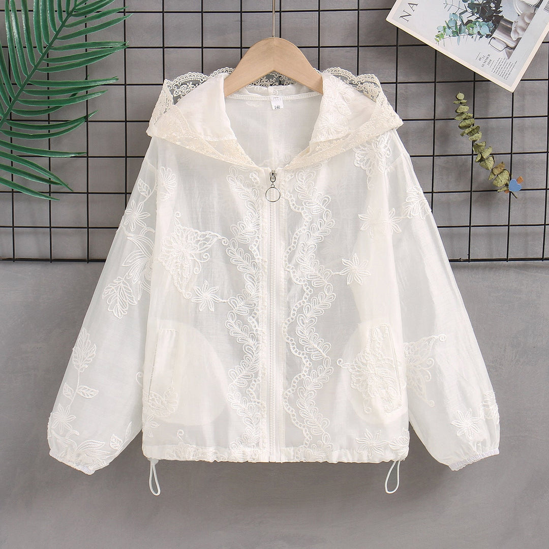 Damen nan transparente bestickte Kapuzenjacke mit Reißverschluss und Tunnelzug Echo Archiv