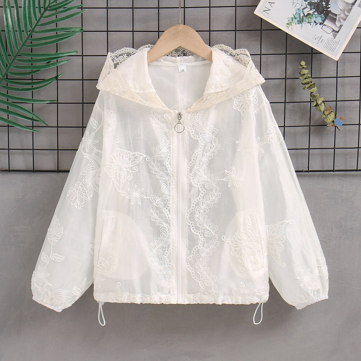 Damen nan transparente bestickte Kapuzenjacke mit Reißverschluss und Tunnelzug Echo Archiv