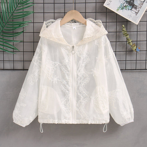Damen nan transparente bestickte Kapuzenjacke mit Reißverschluss und Tunnelzug Echo Archiv