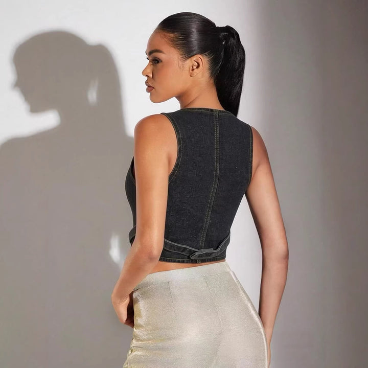 Damen Denim Bustier-Top mit Knopfdetails und verlängerter Silhouette Echo Archiv