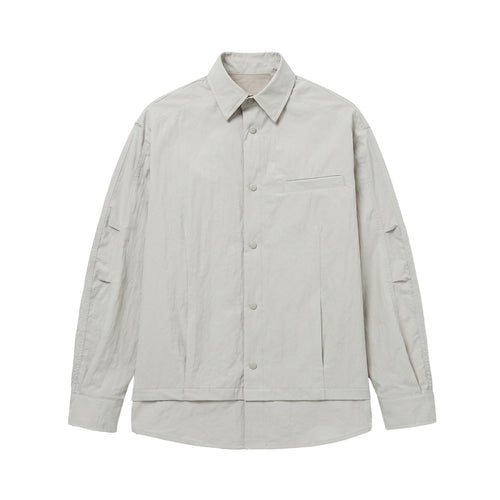 Unisex Oversize Hemdjacke mit Druckknöpfen, Kentkragen und Brust‑Welttasche Echoarchiv
