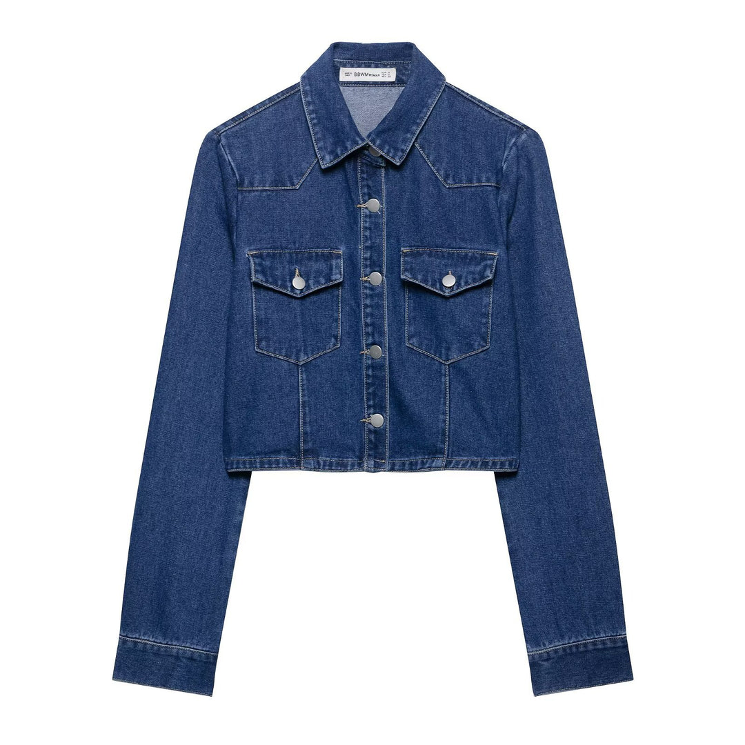 Damen Kurz geschnittene Denim‑Jacke mit Brusttaschen und Druckknopfleiste Echo Archiv
