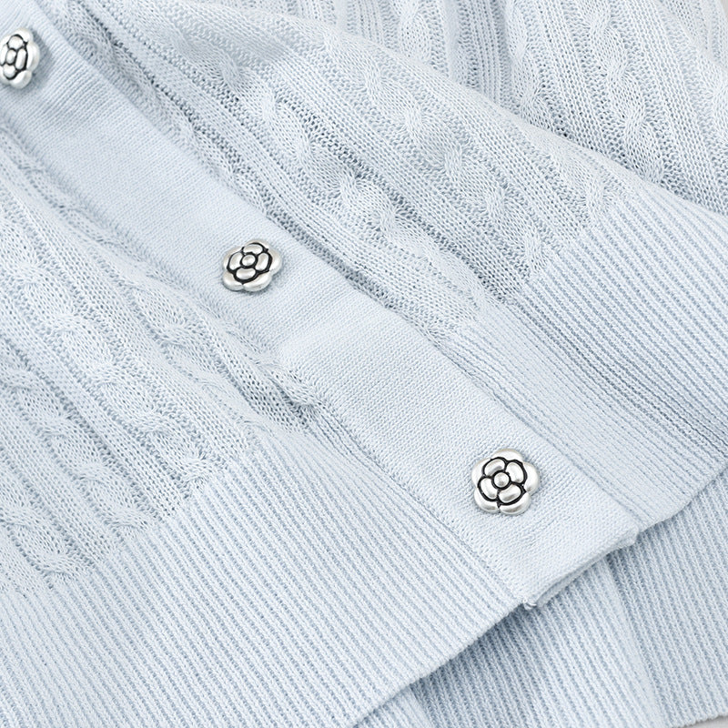 Damen Kurzarm-Strickcardigan mit Zopfmuster und kontrastierendem Jeanskragen Echo Archiv