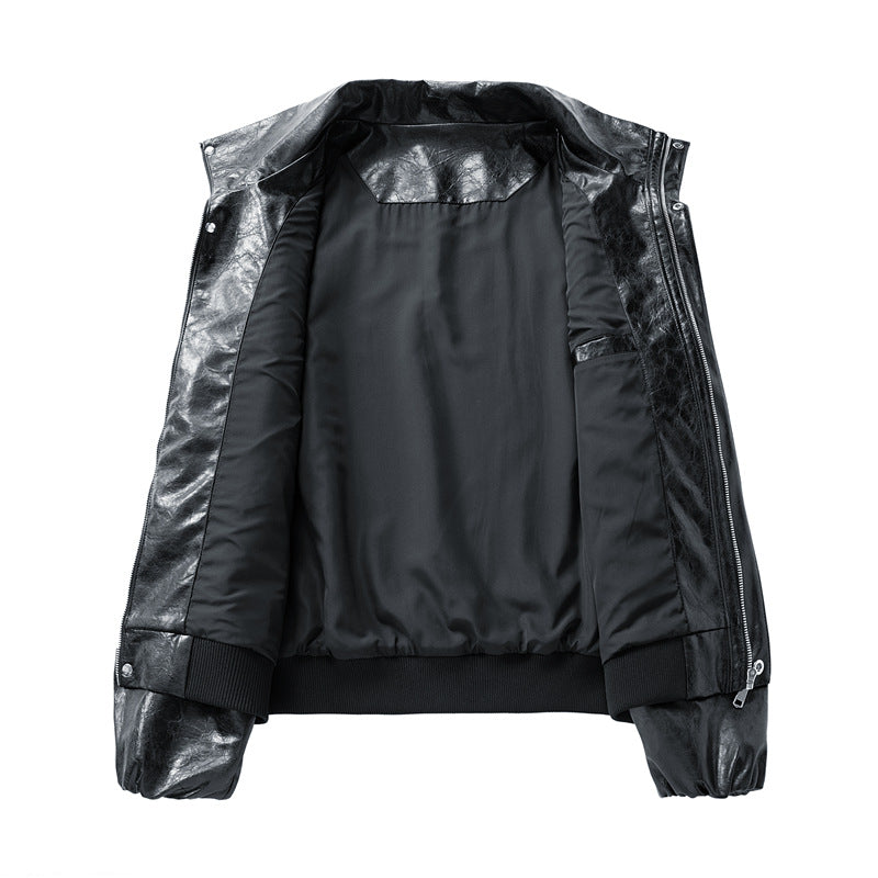 Herren Oversize Kunstleder‑Fliegerjacke mit breitem Umlegekragen, Zwei‑Wege‑Reißverschluss & gerippten Abschlüssen Echoarchiv