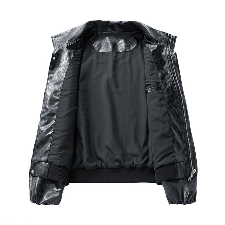 Herren Oversize Kunstleder‑Fliegerjacke mit breitem Umlegekragen, Zwei‑Wege‑Reißverschluss & gerippten Abschlüssen Echoarchiv