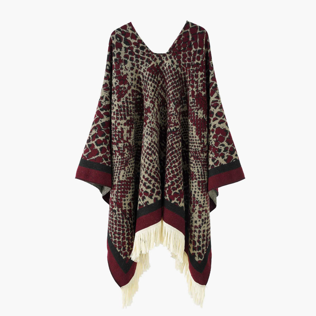 Damen Jacquard-Poncho mit V-Ausschnitt, Animalprint und Fransensaum – Avérine