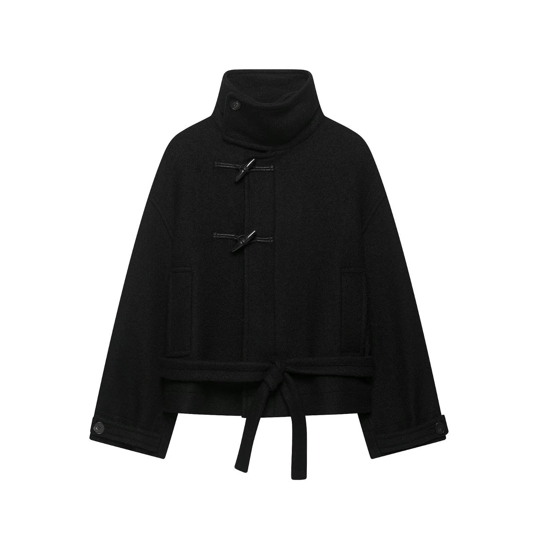Damen Kurze Duffle-Capejacke mit Stehkragen, Knebelverschlüssen und Taillengürtel Echoarchiv