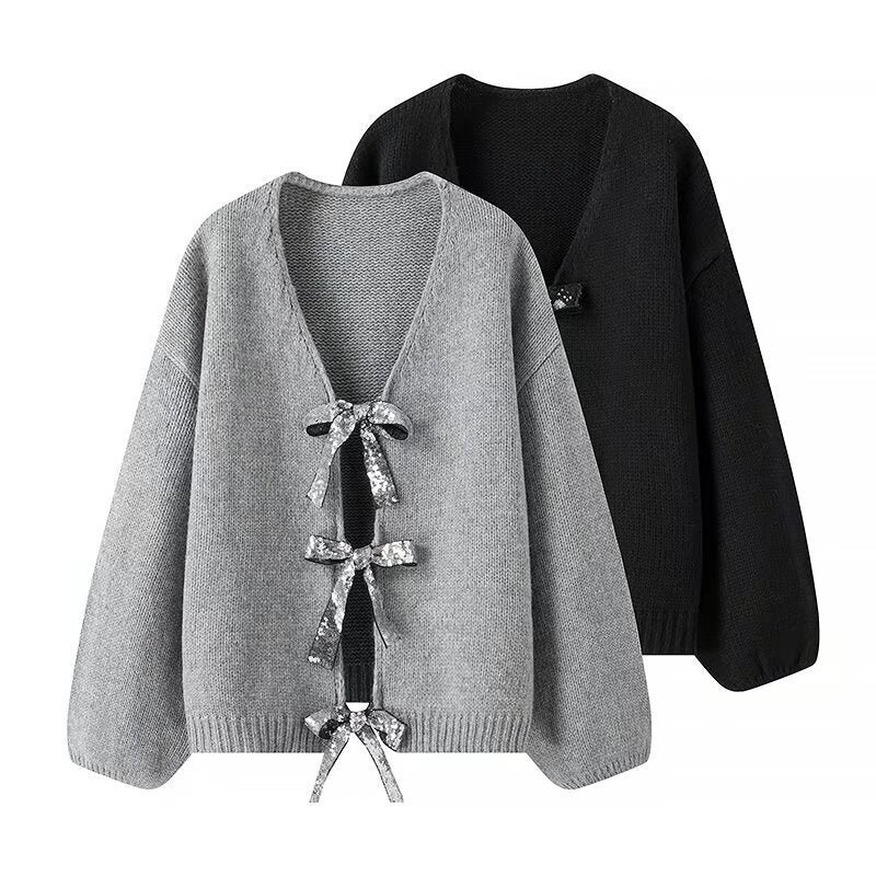 Damen Oversize-Strickcardigan mit V‑Ausschnitt und Pailletten‑Schleifen Echo Archiv
