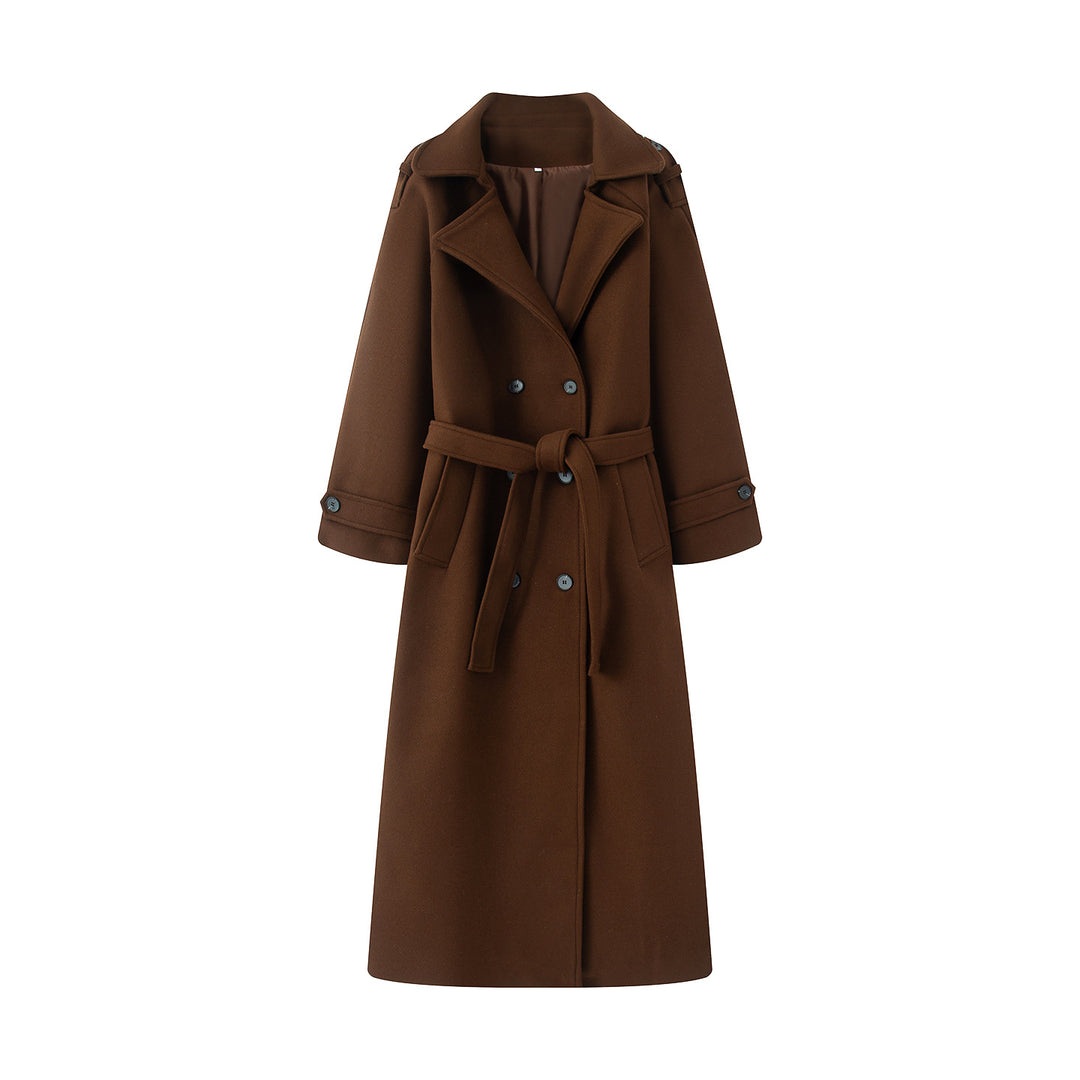 Damen langer Wollmix-Trenchcoat mit Schalkragen Taillengürtel und doppelreihiger Knopfleiste – Montévia