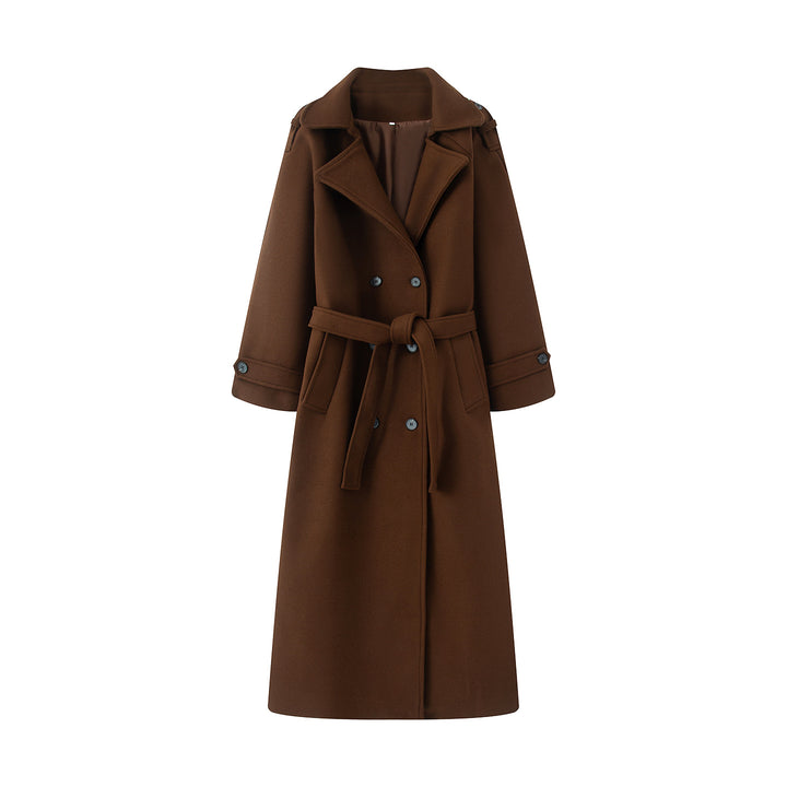 Damen langer Wollmix-Trenchcoat mit Schalkragen Taillengürtel und doppelreihiger Knopfleiste – Montévia