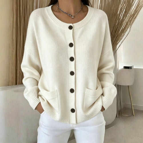 Damen Knopf-Cardigan mit Rundhals, aufgesetzten Taschen und Raglanärmeln – Veloura
