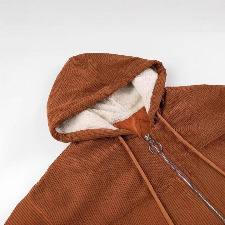 Damen Kurz geschnittene Cordjacke mit Kapuze, Teddyfutter und durchgehendem Reißverschluss Echo Archiv
