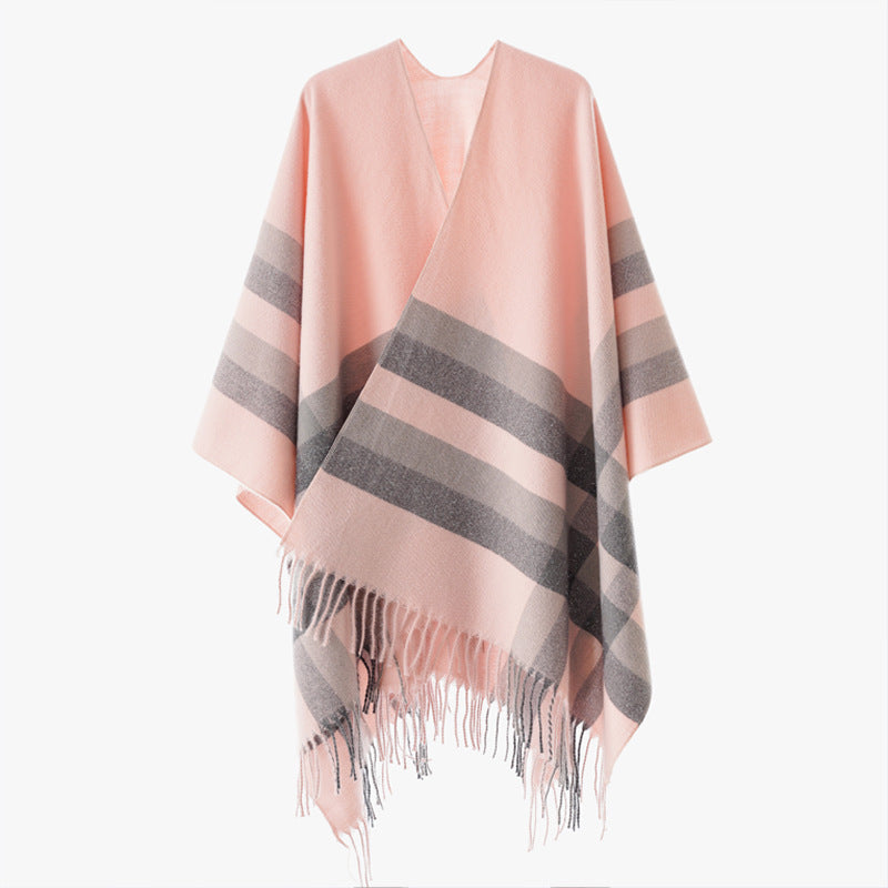 Damen Wollmix-Capeponcho im Oversize-Kimono mit Karomuster und Fransensaum – Montévia