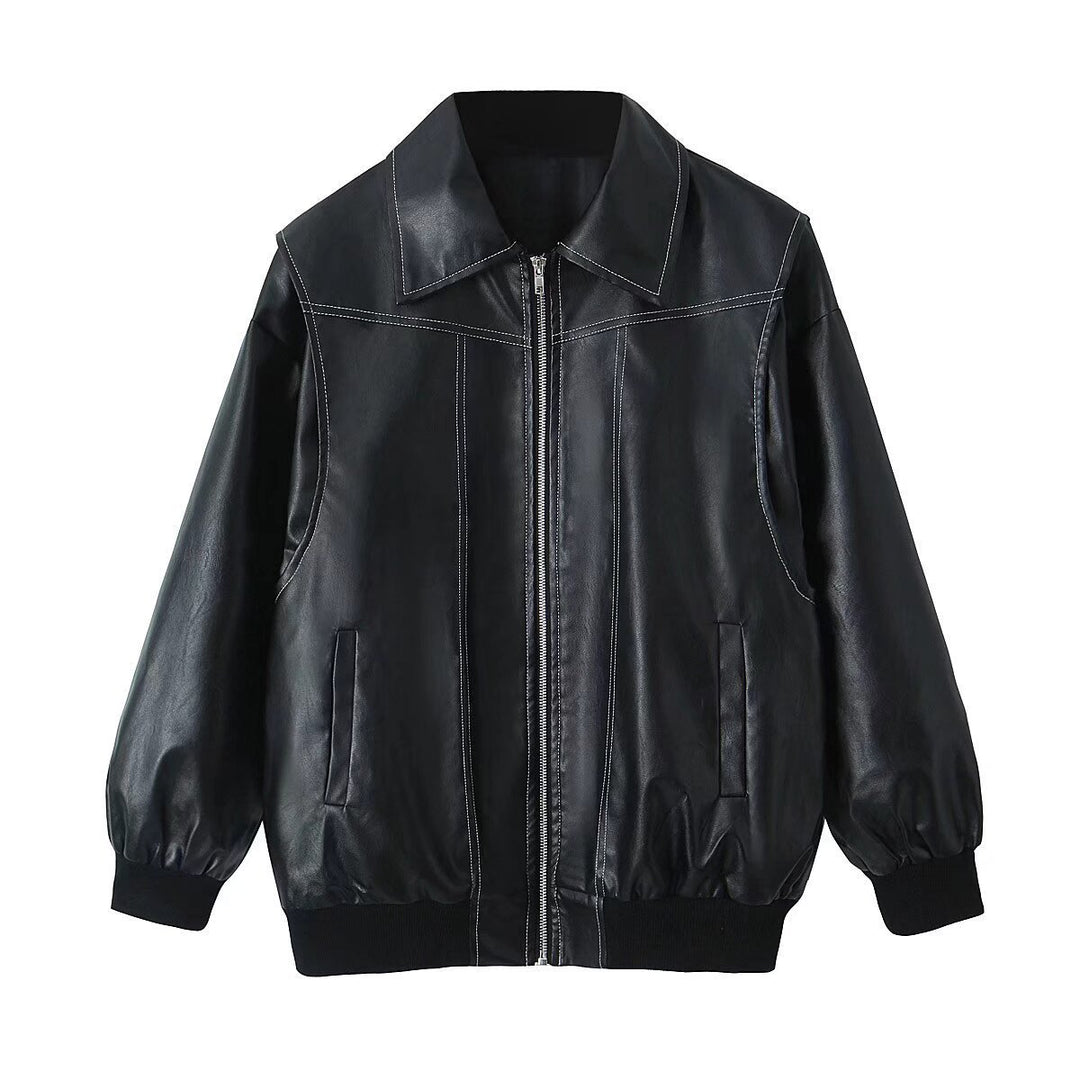 Damen modische Lederjacke mit strukturiertem Kragen und praktischen Taschen Echoarchiv