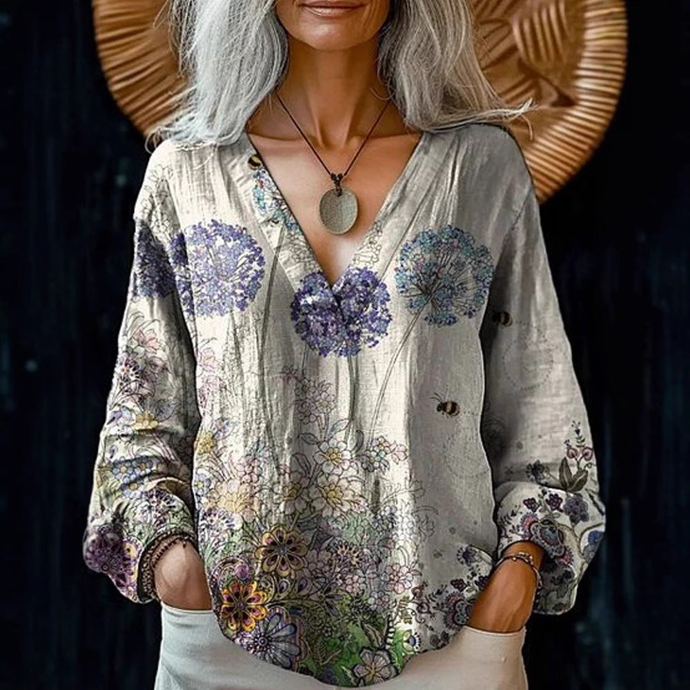 Damen Boho-Leinenmischung Tunika-Bluse mit V-Ausschnitt und floraler Aquarellstickerei – Élovi