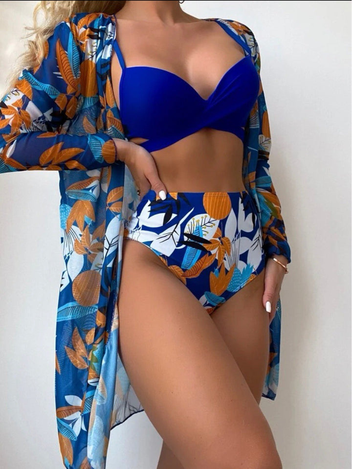 Damen Bikini-Set mit floralem Design und lässiger Überjacke Echo Archiv