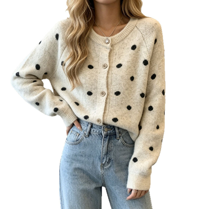 Damen Gepunkteter Mohair‑Optik Button‑Cardigan mit Rundhalsausschnitt – Veloura