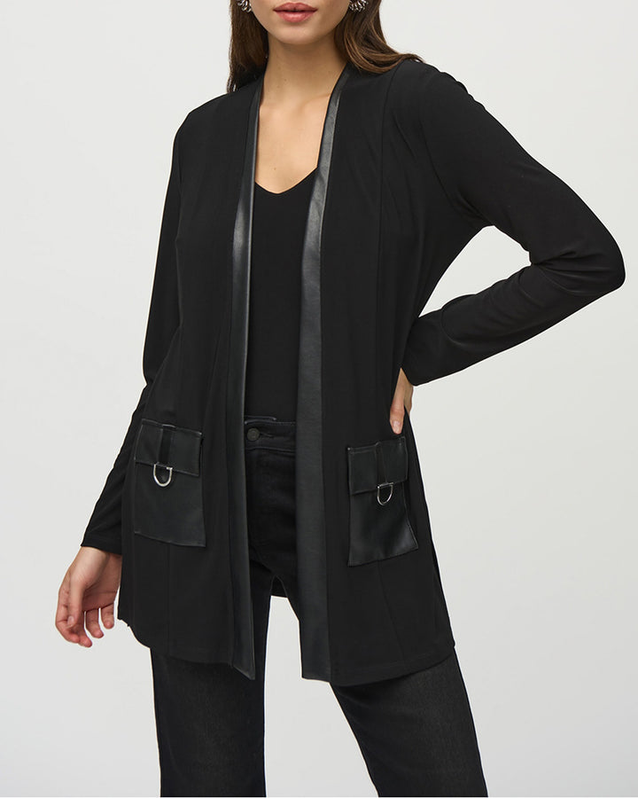 Damen nan offener Jersey-Cardigan mit Lederimitat-Besatz und D-Ring-Taschen Echo Archiv