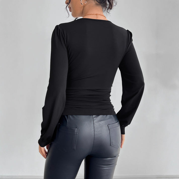 Damen nan tailliertes Langarm-Shirt mit tiefem Spitzen-Dekolleté, Raffung und Kristallbesatz Echo Archiv