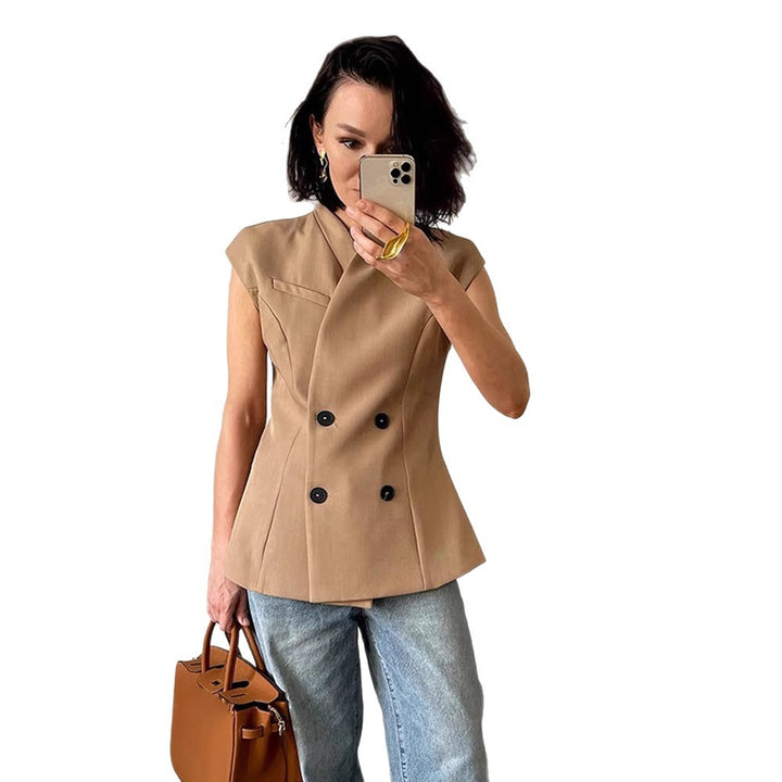 Damen Ärmellose taillierte Blazer-Weste mit doppelter Knopfleiste & strukturierter Schulterpartie Echoarchiv