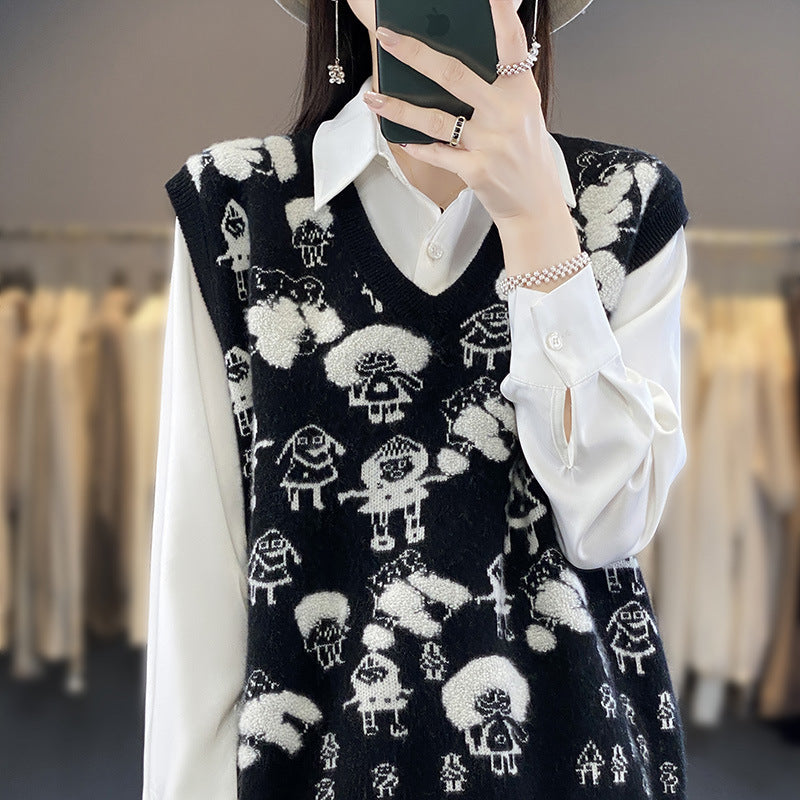 Damen Oversize-Strickweste mit V‑Ausschnitt und verspieltem Jacquard‑Motiv Echoarchiv